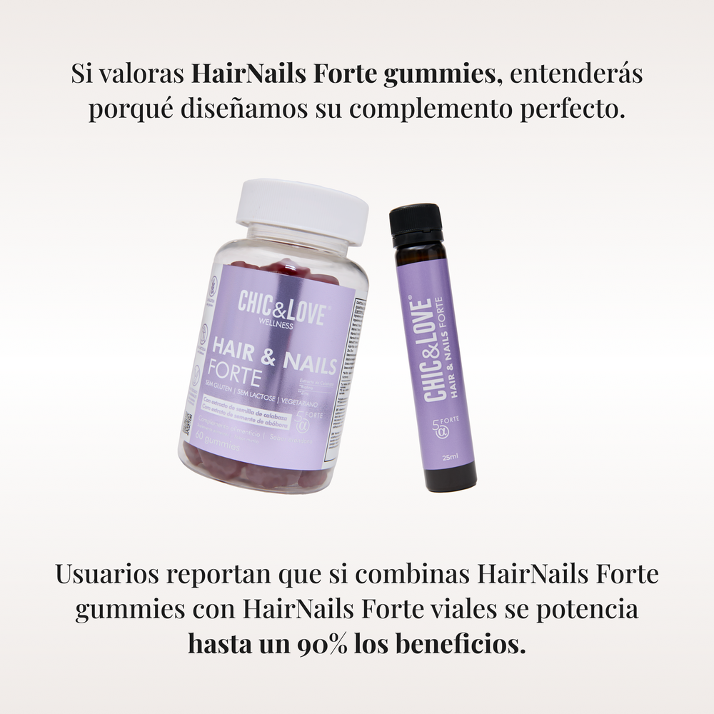 Bote de gummies junto al vial de Hair & Nails Forte