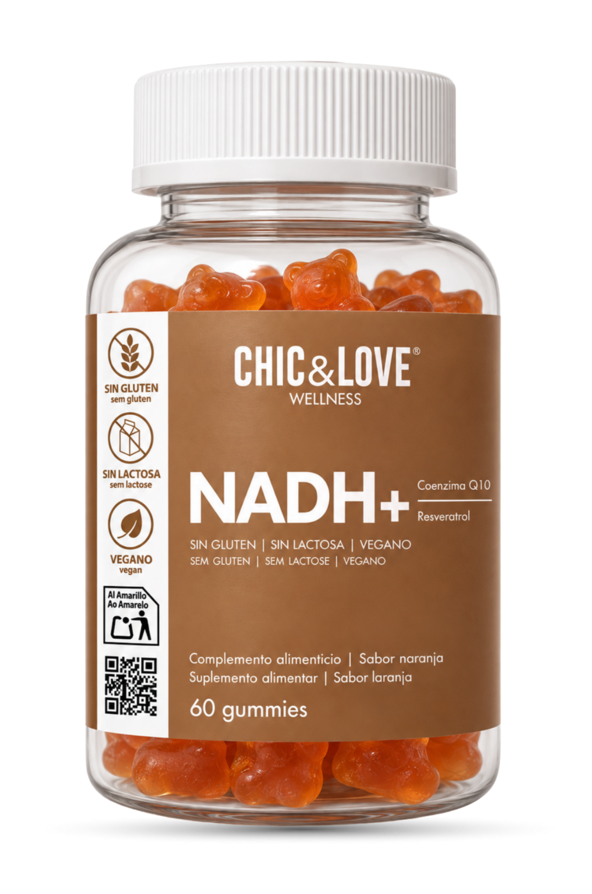Bote de NADH+ Gummies de CHIC&LOVE, 60 gummies sabor naranja