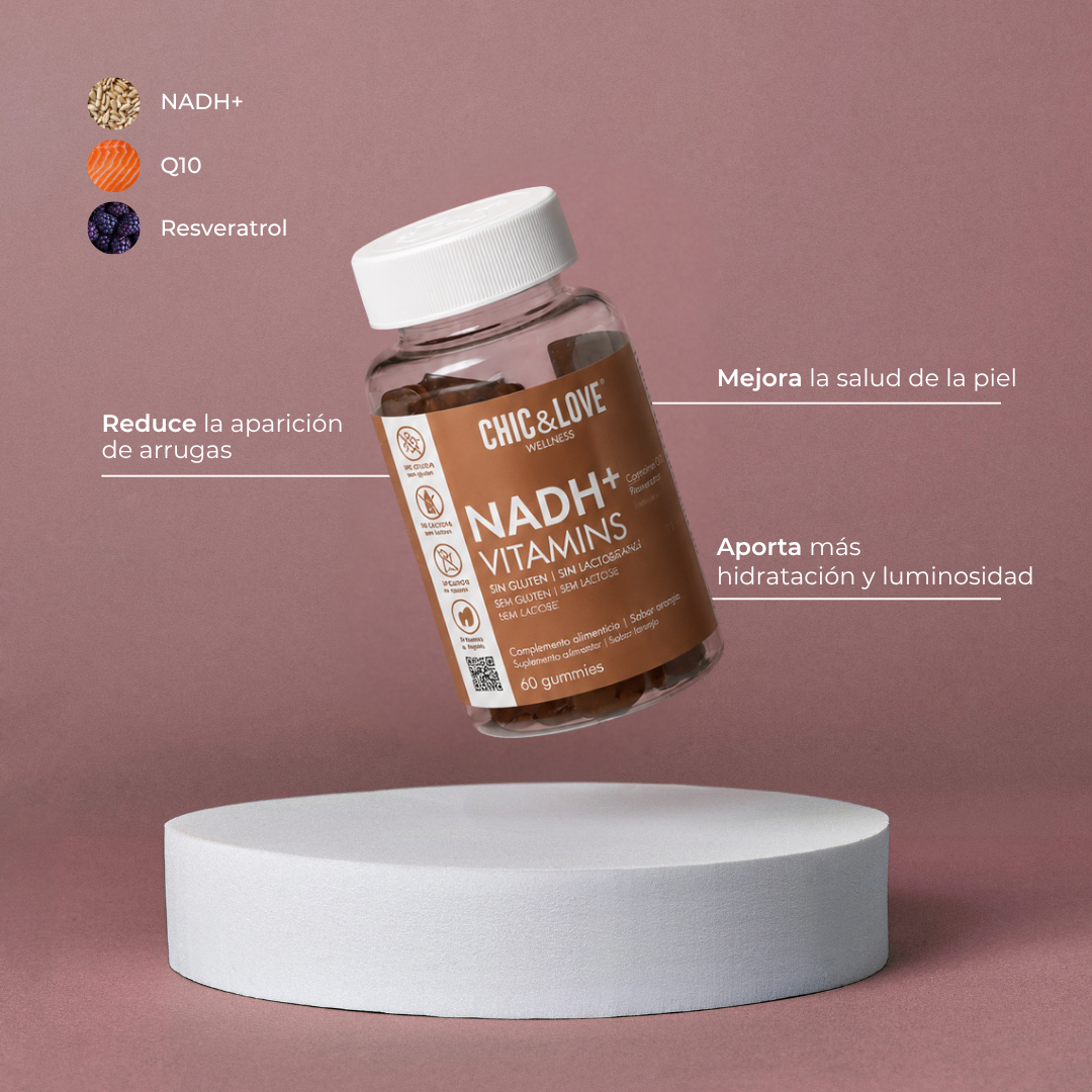 NADH+ Gummies sobre un pedestal con sus tres activos
