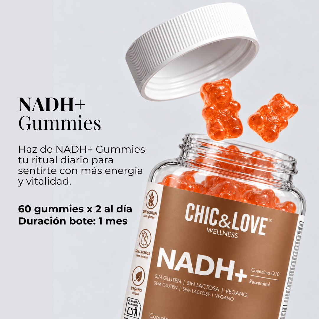 Bote abierto de NADH+ Gummies con gummies de naranja